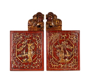 Two Chinese Gilt and Red Lacquered Panels