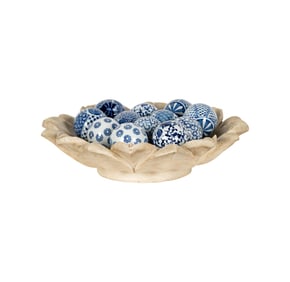 A Carved Stone Center Bowl and Porcelain Spheres