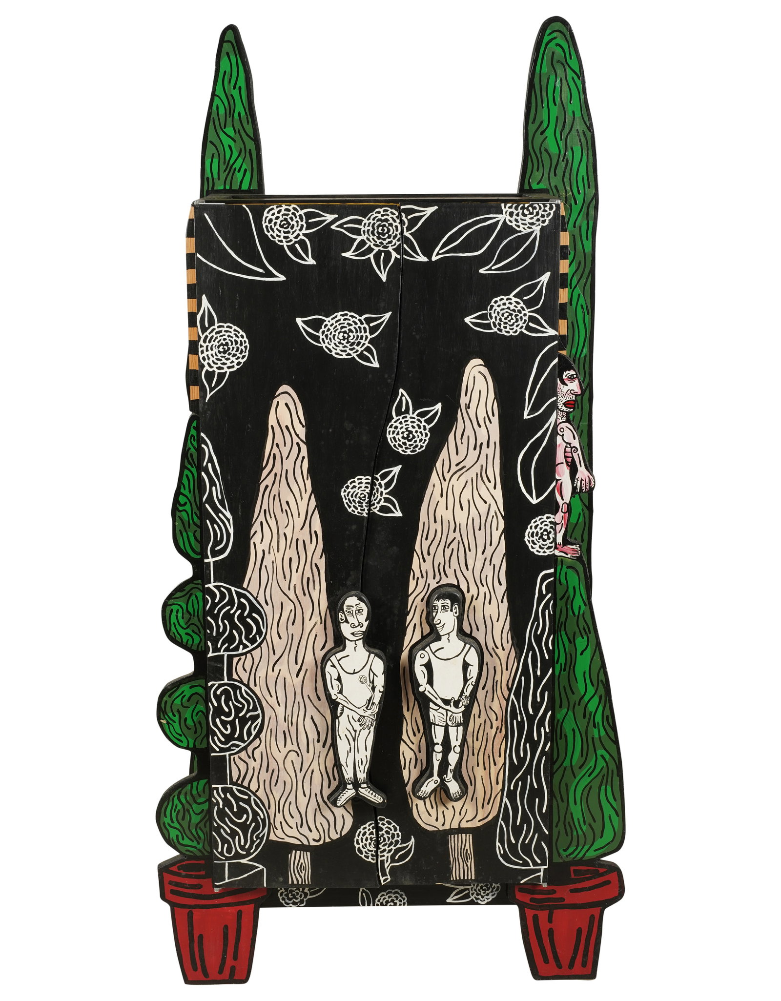 Julian Faulkner: Adam and Adam in Eden Cabinet: 1996; hand-painted wood, hand-built and decorated to exterior and interior; signed and dated to lower edge of rear panel 69 x 36 x 13 in. (175.3 x 91.4 x 33 cm.) San Francisco Art Institute graduate J