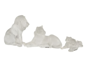 A Group of Lalique Frosted Glass Lion Figures