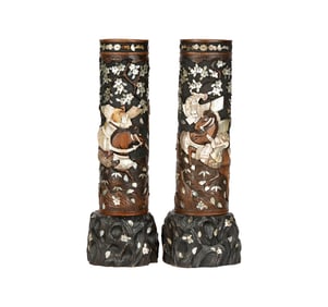 A Pair of Japanese Shell and Wood Vases