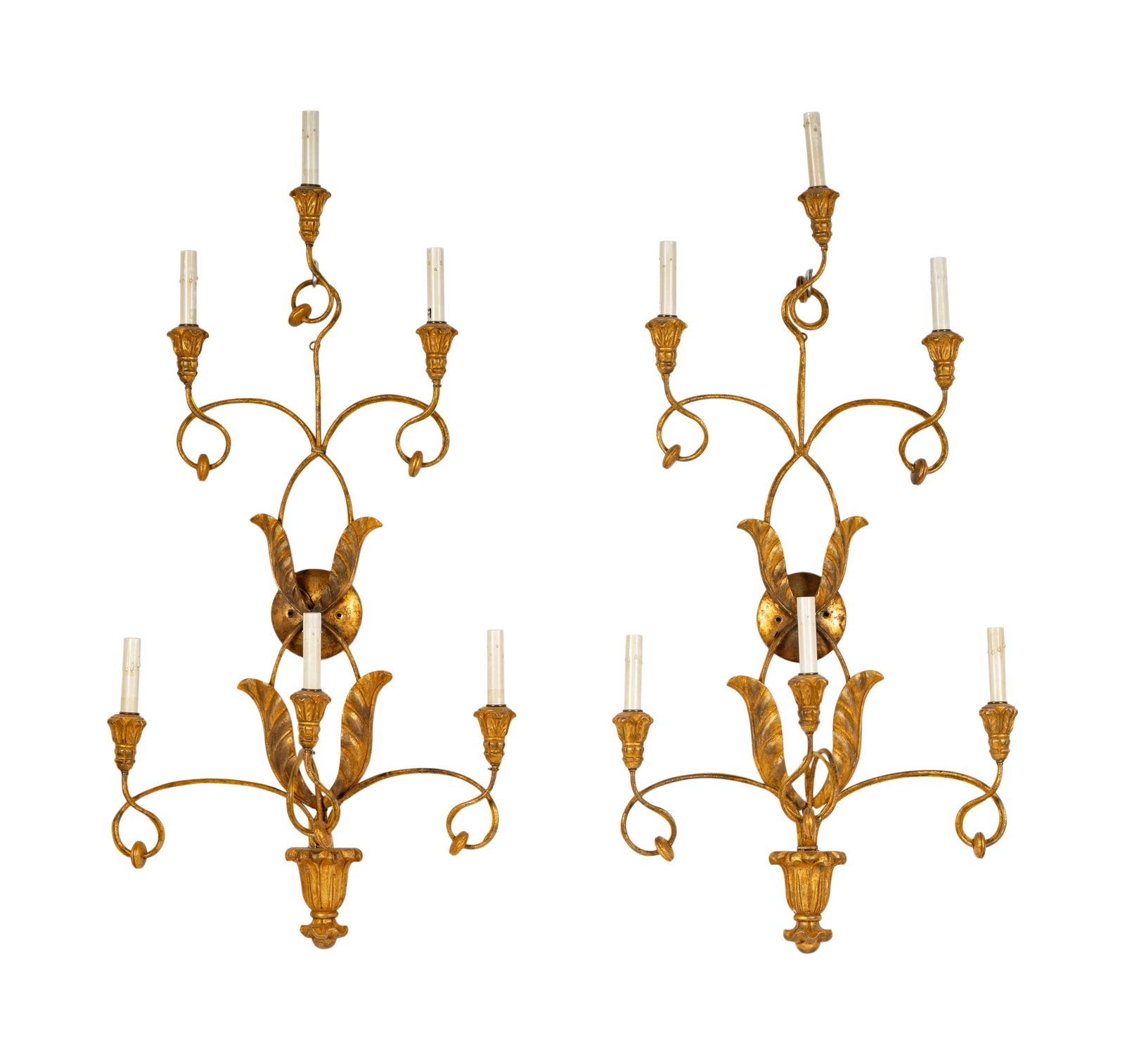 A Pair of Six-Light Sconces: gilt metal and wood, with custom silk shades 45 x 21 x 8 in. (114.3 x 53.3 x 20.3 cm.) Notes: This item does not qualify for in-house shipping. Please see our preferred shippers list for quotes or arr