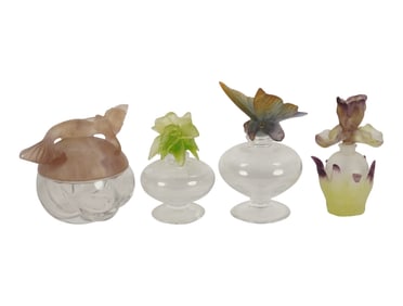 Four Daum Clear Glass and Pate de Verre Perfume Bottles