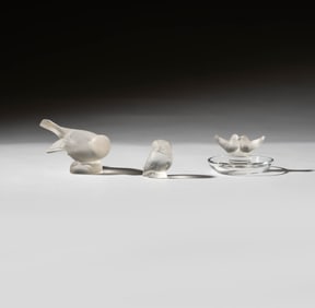 Two Lalique Glass Bird Figures and a Ring Dish