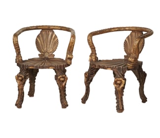 A Pair of Carved Giltwood Grotto Armchairs