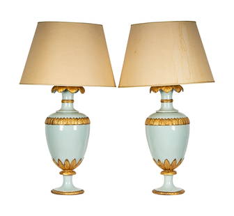 A Pair of Italian Porcelain Table Lamps: with gilt decoration Excluding shades: 26 1/2 x 10 x 10 in. (67.3 x 25.4 x 25.4 cm.), Including shades: 41 1/4 x 10 x 10 in. (104.8 x 25.4 x 25.4 cm.) Notes: This item does not qualify for in-house sh