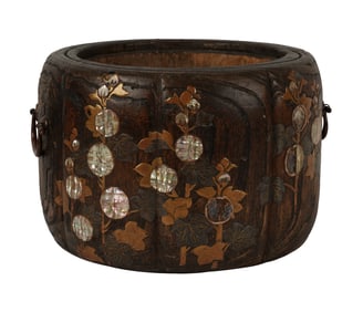 A Japanese Shell and Copper-Inlaid Carved Wood Hibachi