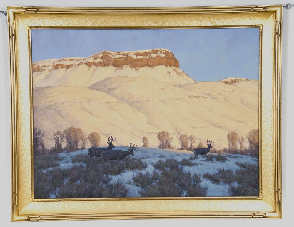 SCOTT YEAGER: "WINTER RANGE-- MULE DEER": oil on canvas signed lower right Provenance: J.N. Bartfield Galleries, New York 30 x 40 inches