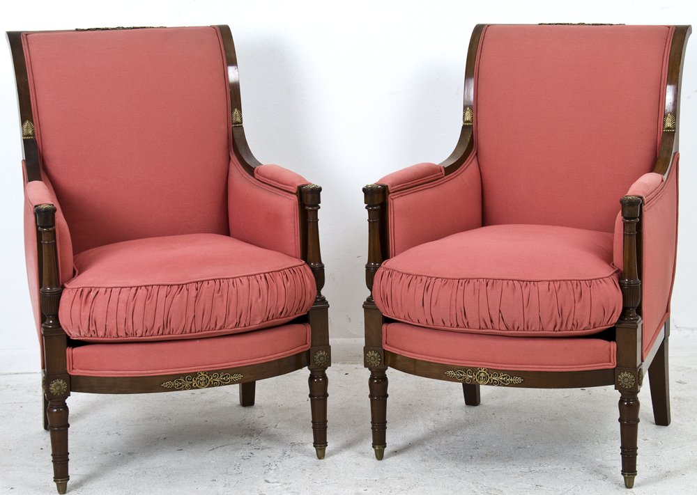 PAIR OF EMPIRE STYLE BERGERES: with gilt bronze mounts and rose-colored upholstery