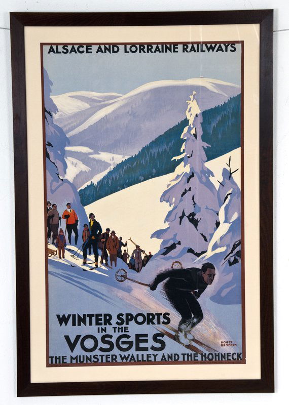 ROGER BRODERS: "WINTER SPORTS IN THE VOSGES (POSTER)": circa 1930 lithograph in colors; printed by Lucien Serre, Paris 39 1/2 x 24 1/2 inches