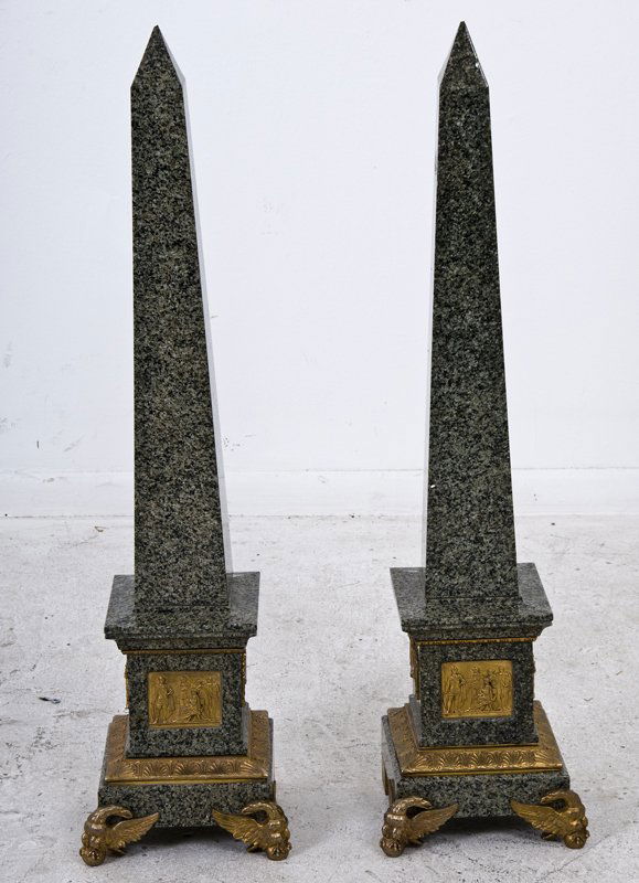 PAIR OF GREEN PORPHYRY OBELISKS: the bases with bronze plaques and eagle feet 34 inches high