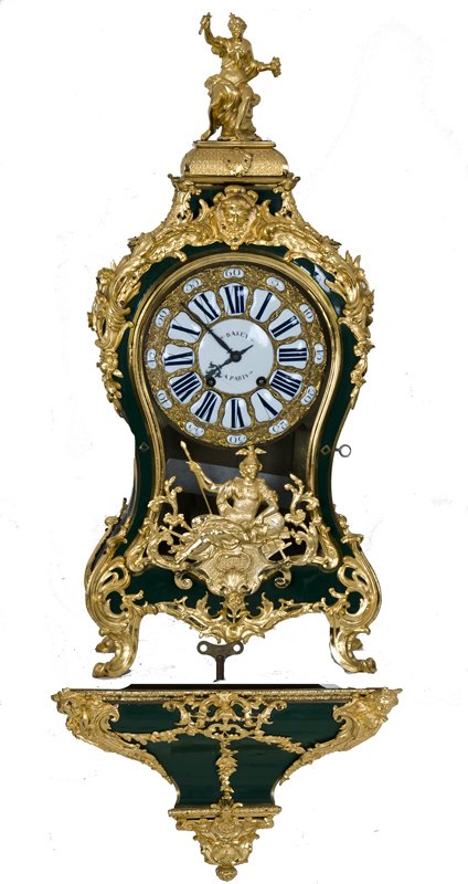 FRENCH ORMOLU-MOUNTED PAINTED BRACKET CLOCK: with bracket; the rocaille case with elaborate mounts and an enameled dial, atop a similarly decorated bracket 52 total inches high