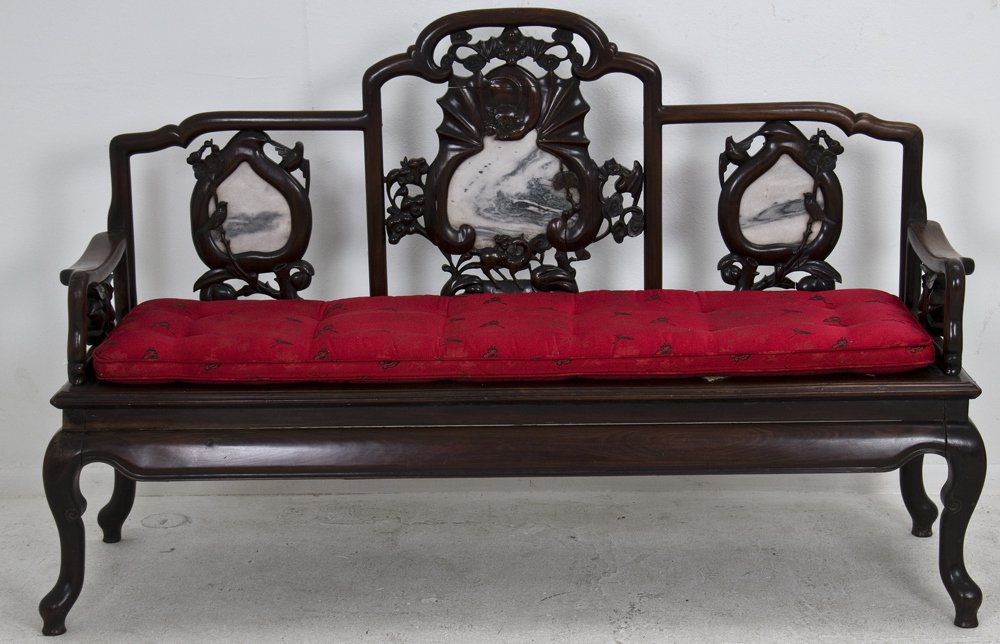 CHINESE CARVED ROSEWOOD SETTEE: the tripleback with a bat and gourd motif each having marble inserts, on a rectangular seat 66 inches wide; 43 inches high