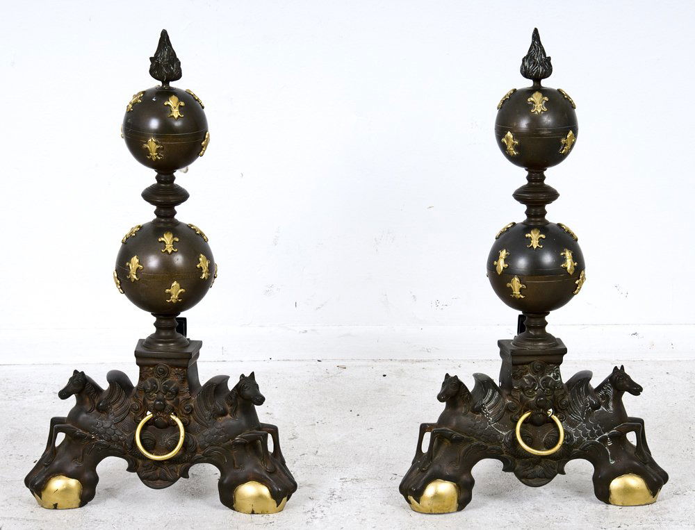 PAIR OF BRONZE DOUBLE CANNONBALL ANDIRONS: decorated with gilt fleur du lis 30 inches high