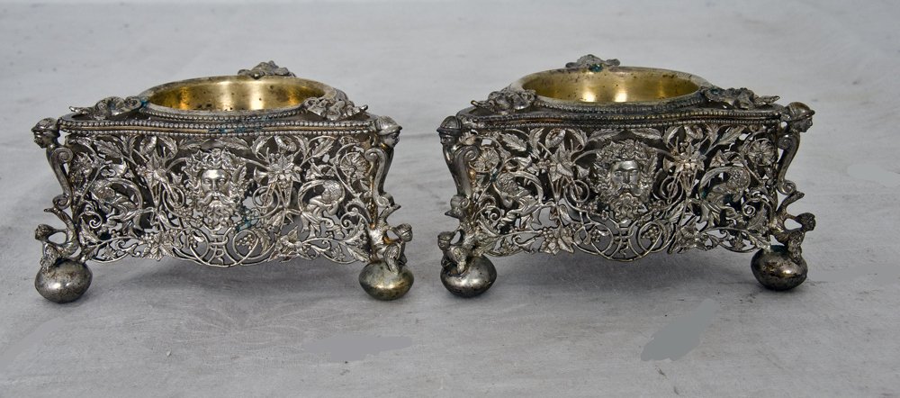 PAIR OF HANOU SILVER SALT CELLARS: each triangular form in the Renaissance Revival style 4 1/2 inches wide