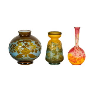 Three Emile Galle Cameo Glass Vases: each signed in cameoRanging from 4 1/2 in. (11.4 cm.) high to 6 1/2 in. (16.5 cm.) high