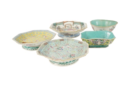 Five Antique Chinese Porcelain Footed Bowls