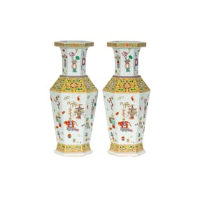 A Pair of Chinese Export-Style Porcelain Hexagonal Vases