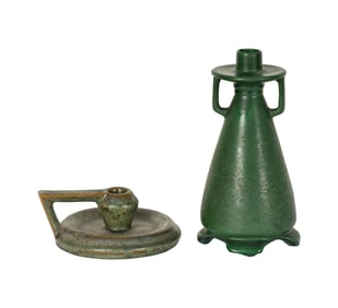 Two Fulper American Green-Glazed Pottery Candlesticks: Fulper and Weller