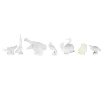 Seven Lalique Glass Bird Figures: after 1945; each signed "Lalique France"Tallest: 3 x 4 1/2 x 2 3/4 in. (7.6 x 11.4 x 7 cm.)Provenance: The Estate of Amalia Wechselmann, Beverly Hills