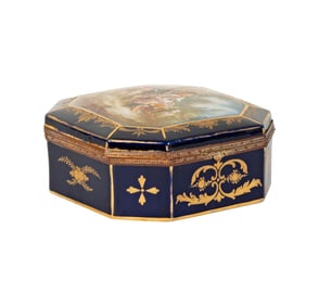 A Sevres-Style Hand-Painted Cobalt-Ground Porcelain Box