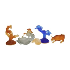 A Group of Five Daum Pate De Verre Animal Figures
