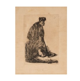 After Rembrandt, Man in a Coat and Fur Cap Leaning Against a Bank