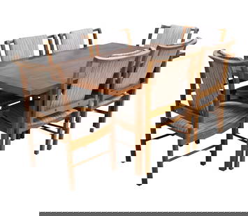 A Mid-Century Modern Dining Set: comprising a table (28 x 66 x 40 in.), four side chairs (36 x 20 1/2 x 20 in.), two armchairs (36 x 21 1/2 x 20 in.), and two extension leaves (each 20 in. wide) Notes: This item does not qualify for