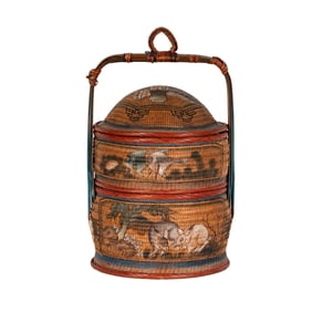 An Asian Painted Rattan Stacking Basket