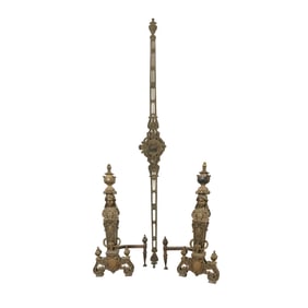 A Pair of Brass Andirons and a Fender