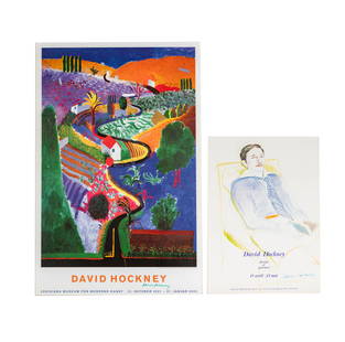 David Hockney, B. 1937, Two Signed Posters: each: offset lithograph; the first: "David Hockney Louisiana Museum for Moderne Kunst, 12. Oktober 2001 - 27. Januar 2002- ", depicting "Nichols Canyon"; the second: "David Hockney Dessins et Gravures