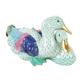 A Herend Fishnet Porcelain Duck Figural Group