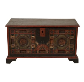 An Antique Carved and Painted Wood Coffer