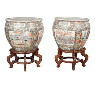A Pair of Large Chinese Porcelain Fish Bowls on Wood Stands