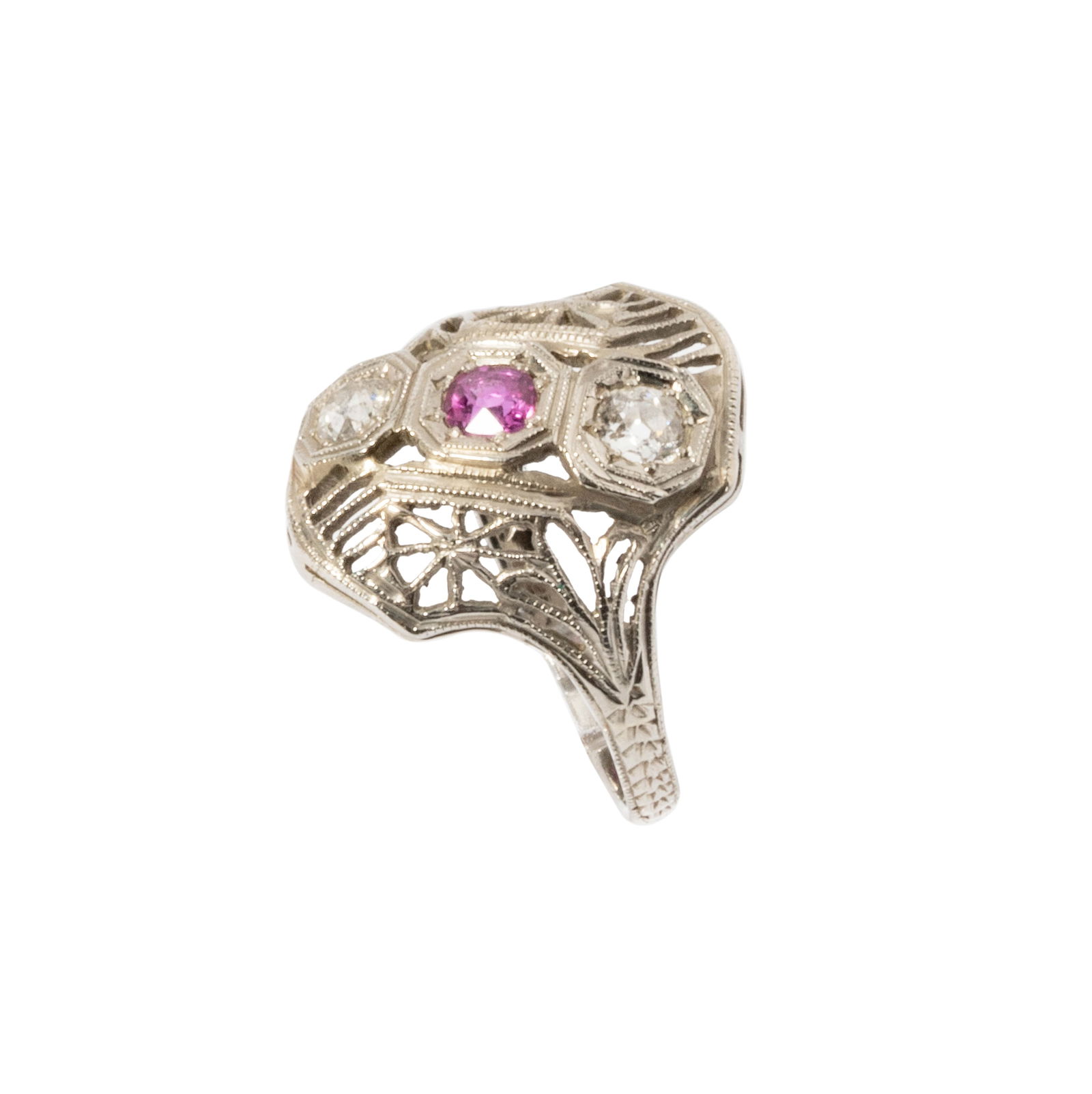 18 Karat White Gold, Diamond and Synthetic Pink Sapphire Ring