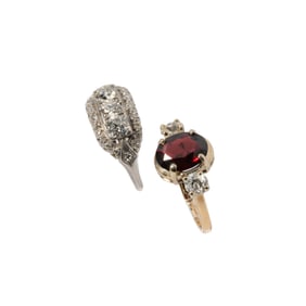 One 14 Karat Yellow Gold Garnet and Diamond Ring with one Platinum and Diamond RIng