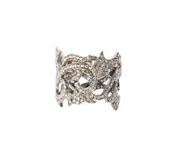 18 Karat Oxidized Gold and Diamond Ring: set with around 150 diamonds weighing approximately 0.75 carats; size: 6, weighing 9.8 grams;