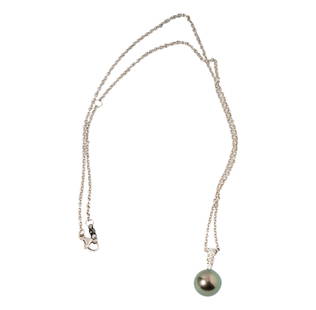 Mikimoto 18 Karat White Gold Diamond and Pearl Necklace: set with three full-cut diamonds [H-I/VS2] weighing approximately 0.25 carats, along with one round Tahitian pearl measuring 10.42mm; necklace measuring 17-1/2 inches long, 5.7 grams;