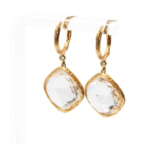Pair of 14 Karat Yellow Gold, Diamond, and Quartz Earrings