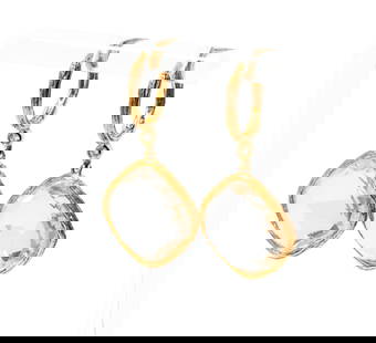 Pair of 14 Karat Yellow Gold, Diamond, and Quartz Earrings: measuring 31mm tall; weighing 5.8 grams;