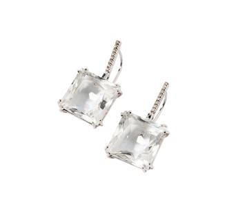 Pair of 18 Karat White Gold, Diamond, and Quartz Earrings: set with 16 small round full-cut diamonds weighing approximately 0.10 carats, earrings measuring 31.75mm tall by 17mm wide, weighing 10.9 grams;
