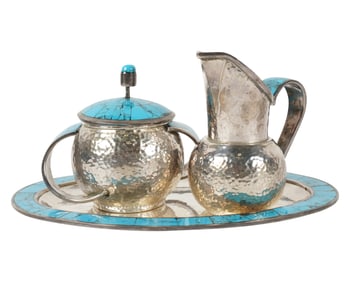 A Mexican Turquoise-Inlaid Sterling Partial Tea Service