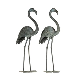 Two Large Patinated Bronze Flamingo Figures