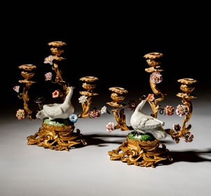 A Pair of Gilt Metal and Porcelain Three-Light Candelabra