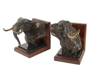 David Schaefer, 1949-2012, Cape Buffalo and Elephant Bookends