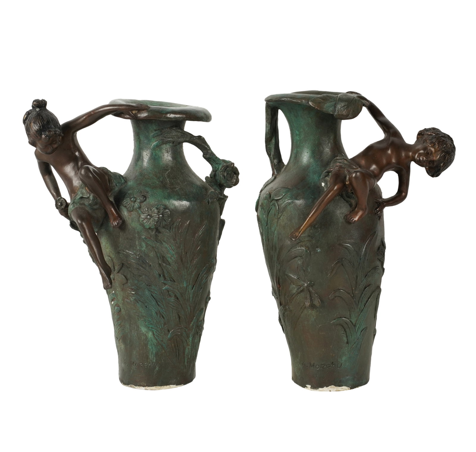 A Pair of Patinated Bronze Vases after Moreau: each inscribed "A. Moreau" in castingEach 10 3/4 in. (27.3 cm.) highNotes: This item does not qualify for in-house shipping. Please see our preferred shippers' list for quotes or arrange for local pic