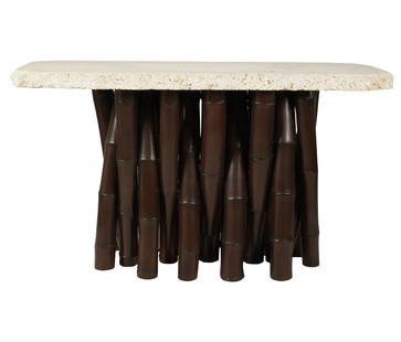 A Stained Bamboo Console Table: contemporary; with cast stone top31 3/4 x 56 x 21 in. (80.6 x 142.2 x 53.3 cm.)Notes: This item does not qualify for in-house shipping. Please see our preferred shippers' list for quotes or arrange fo