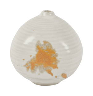 A Vivika and Otto Heino Pottery Vase: 1990; round with flattened sides, covered in grey-white matte glaze with a yellow-orange splash to each side; incised signature "Vivika + Otto" and date to underside4 in. (10.2 cm.) high