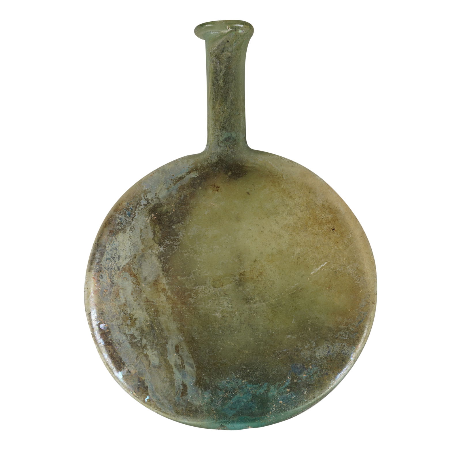 An Ancient Roman-Style Glass Flask: disk-form with a narrow neck and lip8 1/2 x 6 1/4 x 1 in. (21.6 x 15.9 x 2.5 cm.)