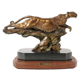 Ken Rowe, B. 1954, On The Edge: KenRoweAmericanB. 1954On The Edgebronze, mounted to stepped plinth1999; ed. 8/35; signed, dated, and numbered in casting, titled to plaqueBronze: 10 x 19 in., Overall: 13 1/2 x 19 x 10 in. (34.3 x 48.